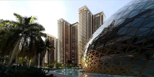 ELAN THE PRERSIDENTIAL luxury high-rise residential towers with modern glass dome structure and landscaped pool area in premium real estate project.