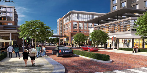 ELAN THE MARK urban commercial development featuring modern retail and office buildings, ideal for advertising and marketing businesses.