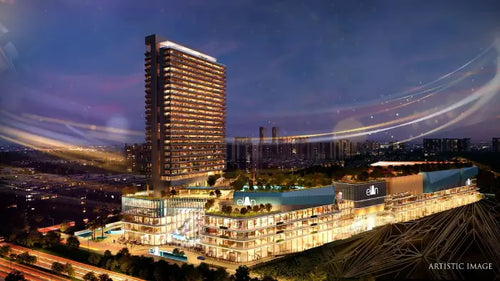 ELAN IMPERIAL luxury commercial complex with high-rise tower and illuminated retail spaces, ideal for advertising and marketing ventures.
