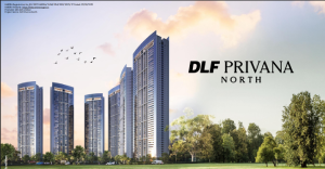 DLF PRIVANA NORTH luxury residential towers with modern high-rise architecture surrounded by greenery under a scenic sky. Premium real estate project.