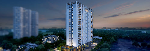 DLF PRIVANA WEST high-rise residential tower at dusk, showcasing modern architecture and premium real estate in a lush urban setting.